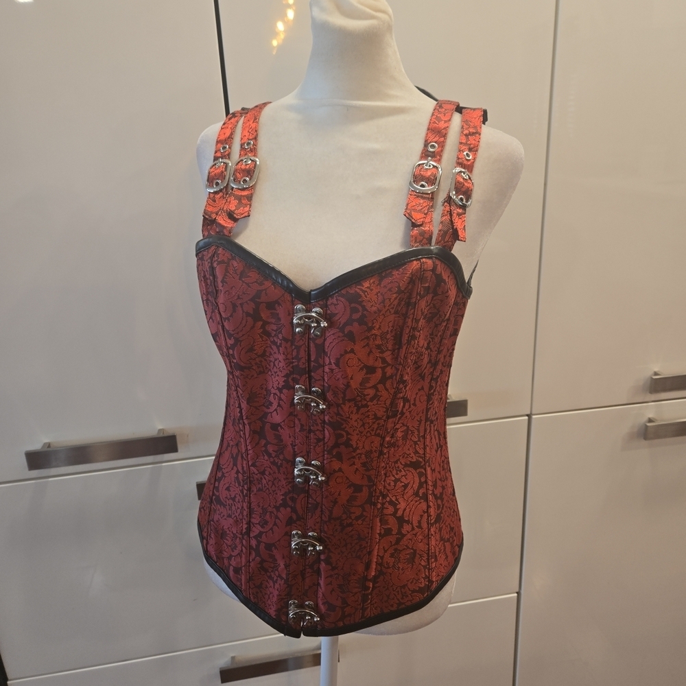 Brocade Floral Satin Lace Up Bustier Corset Red Black Steampunk Fairycore Large